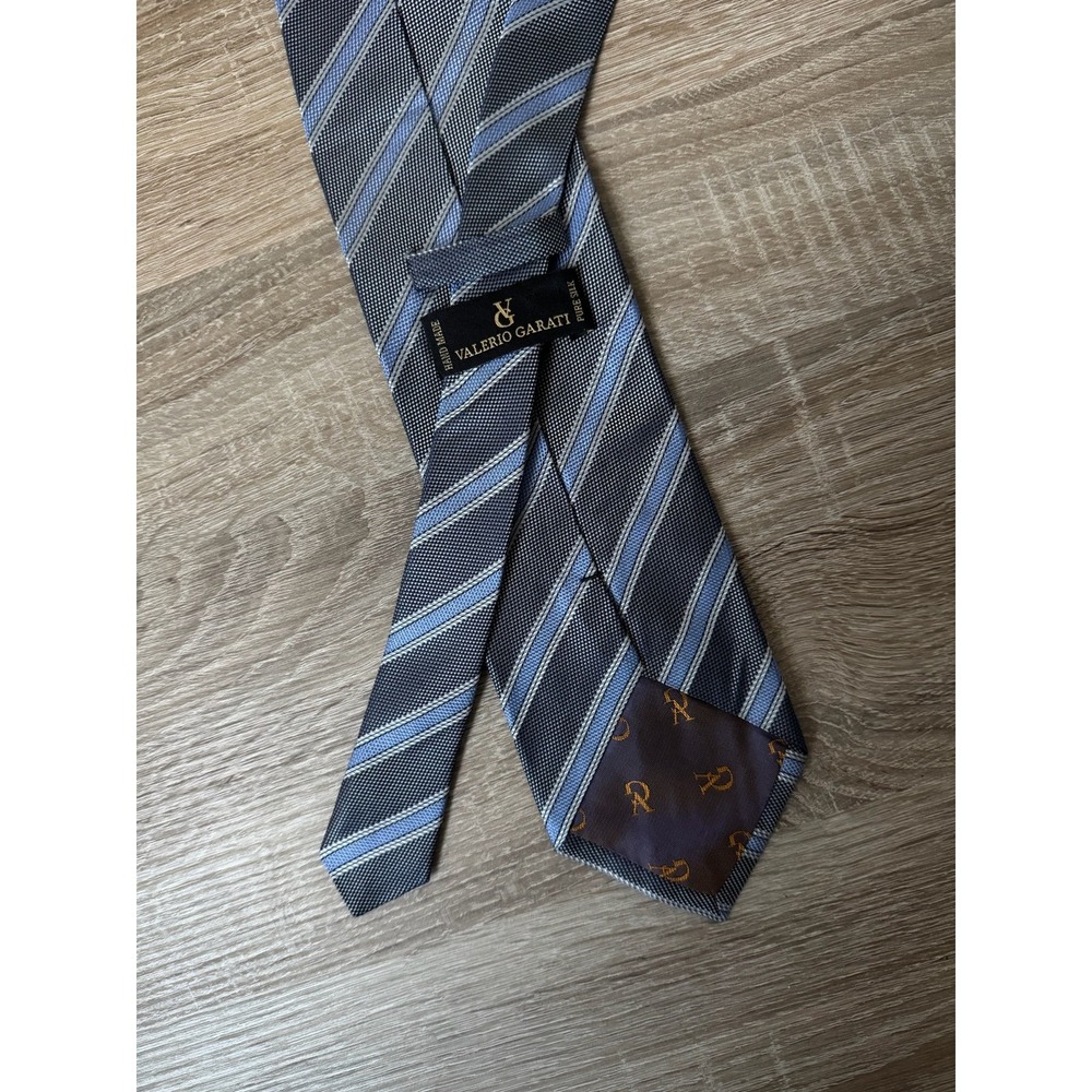Valerio Garati Mens Silk Tie Navy Blue Light Blue Striped Handmade Necktie Korea